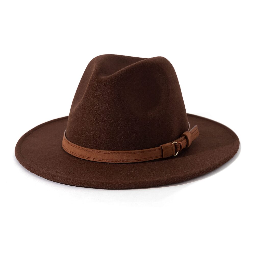 1730 & Vintage Wide Brim Fedora Hat with Belt Buckle A-Coffee 59-60cm